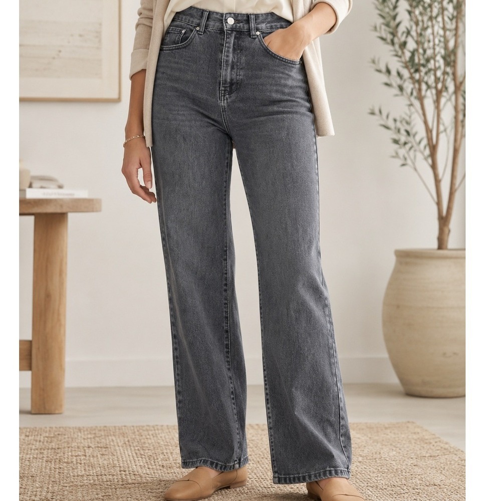 SHEIN Womens High Waisted Straight Leg Jeans Washed Black Denim Size 4 S